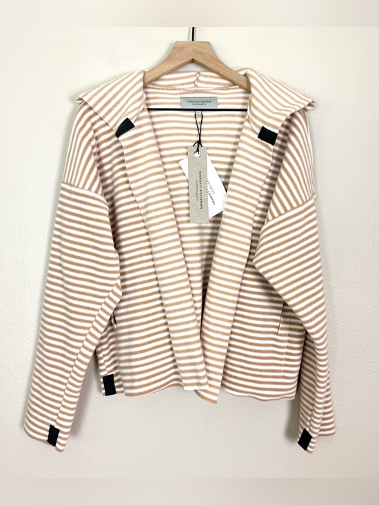 Henriette Steffensen Sweaters - NWT Henriette Steffensen Sporty Fleece Hooded Cardigan Tan Beige Stripes Large